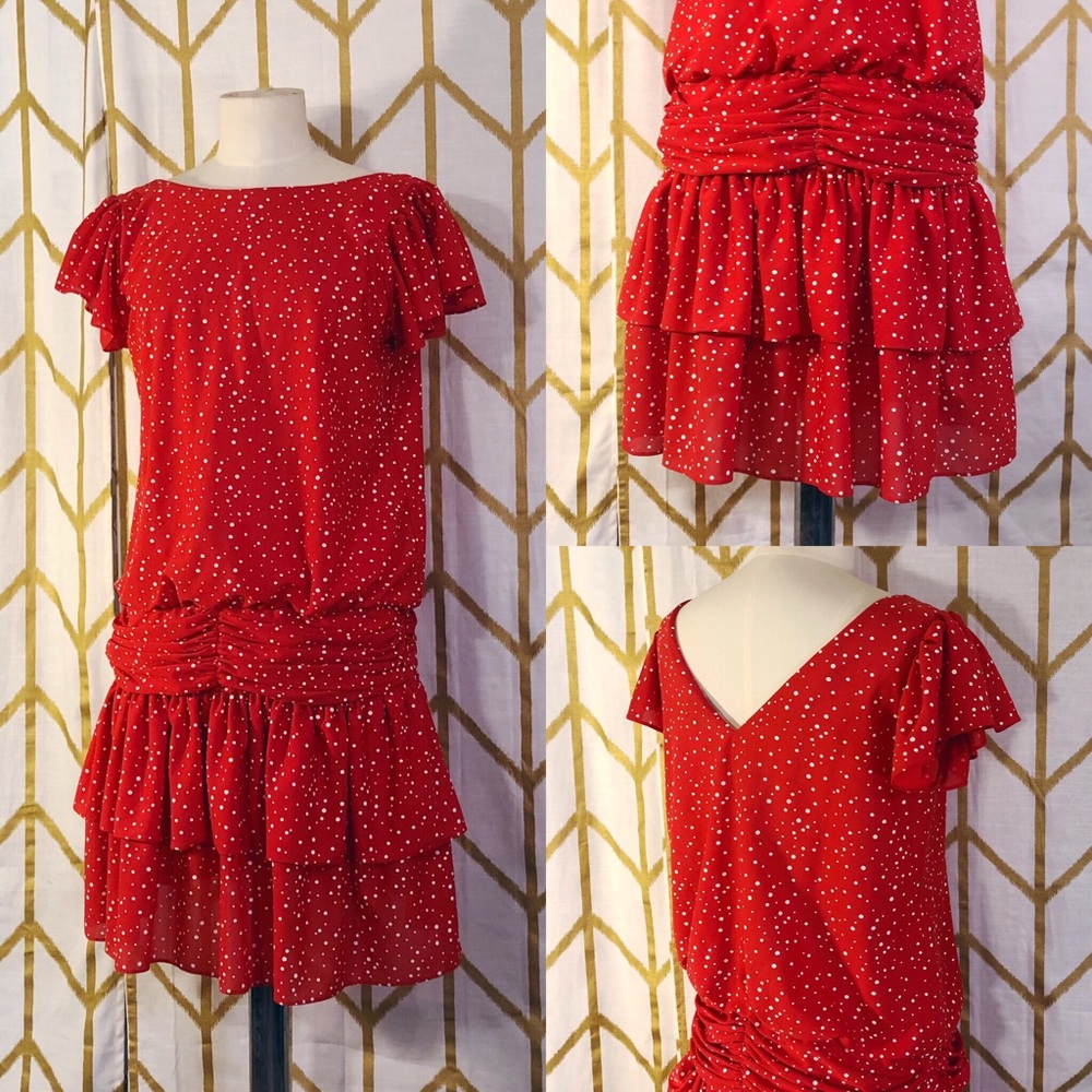 80s polka dot drop waist party dress